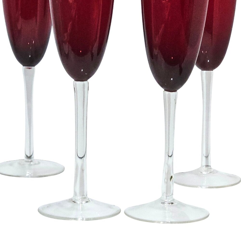 4 Vintage Ruby Red Champagne Flutes Glasses 9.25" crystal 6oz - Picture 2 of 7